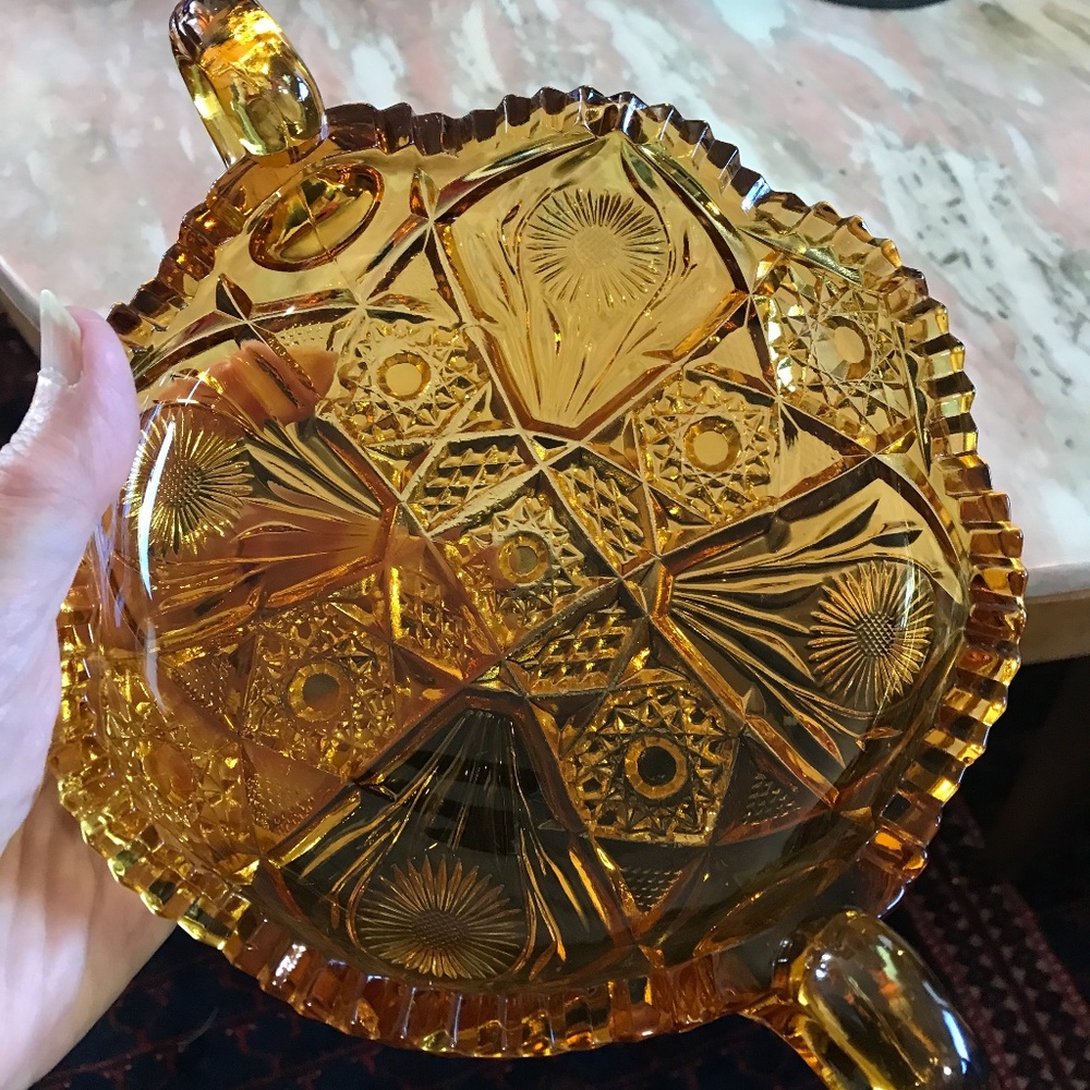 Vintage amber glass candy dish w/ handles
